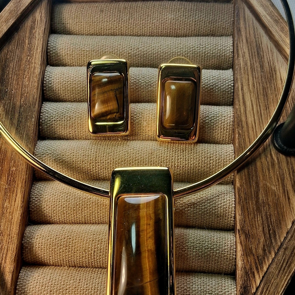 Gold-Tone Tiger Eye Bar Necklace and Earring Set - Brown
